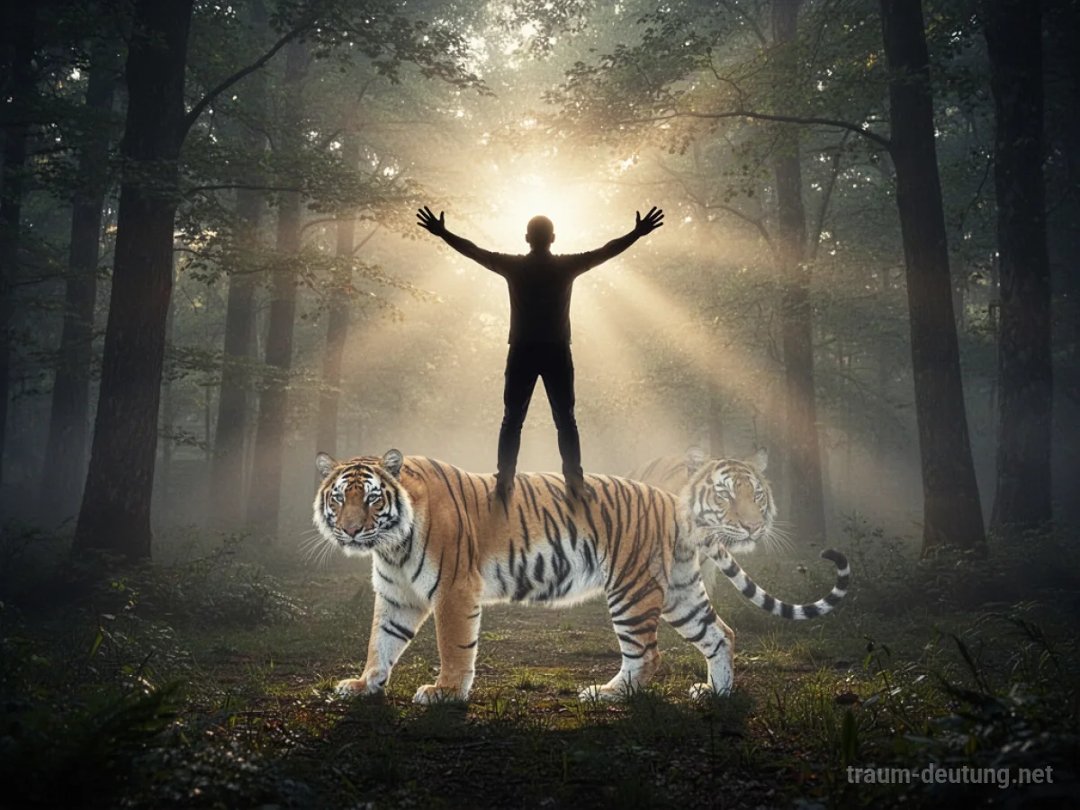 Symbolische Darstellung eines getöteten Tigers im Nebel, Person steht daneben.