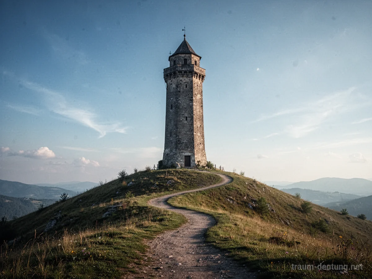 Ein hoher Turm auf einem Hügel unter klarem Himmel mit einem Weg nach oben.