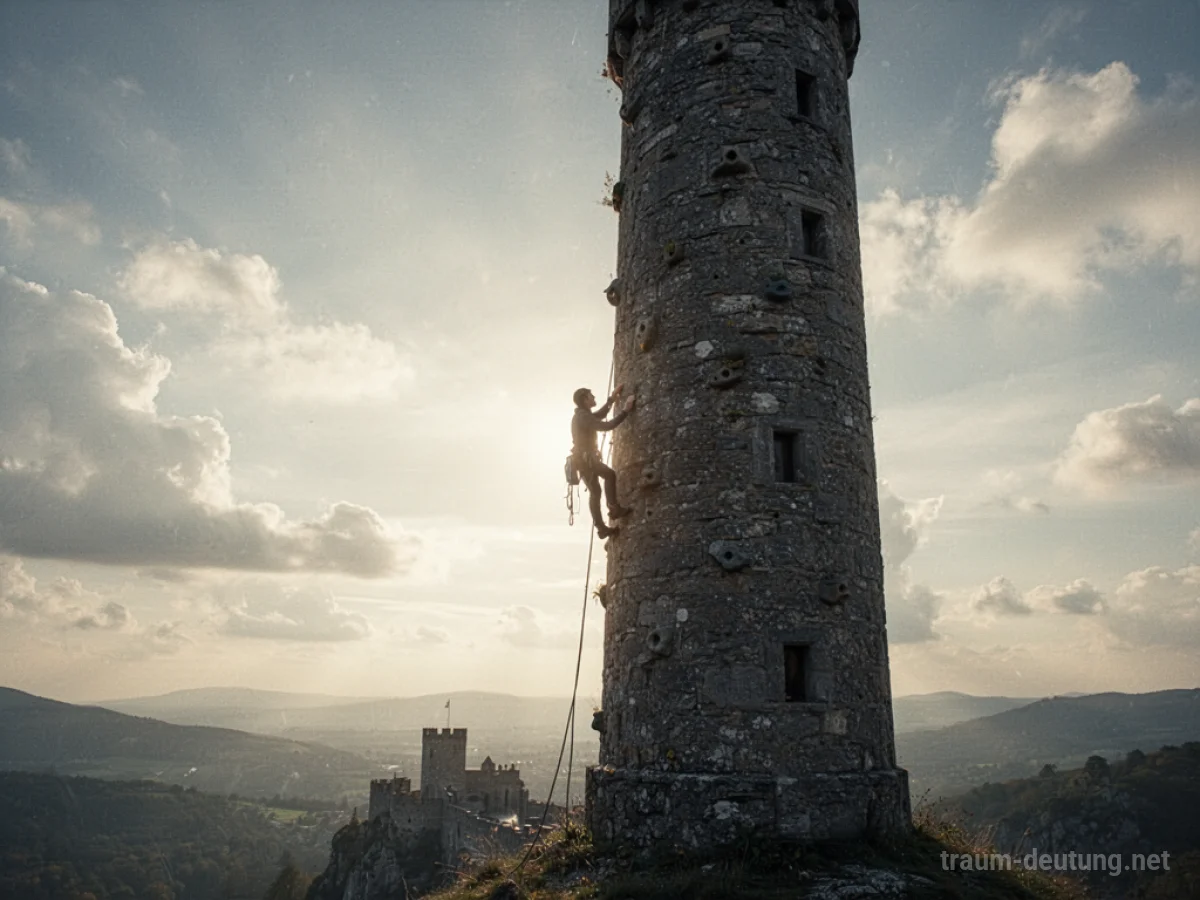 Eine Person klettert einen hohen Steinturm empor, der Himmel ist hell.