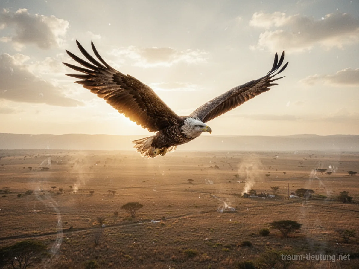 Ein majestätischer Vogel fliegt hoch über einer weiten Landschaft im Sonnenlicht.