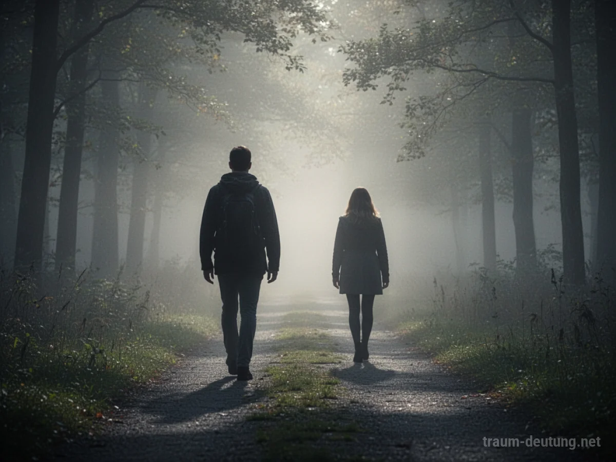 Silhouetten von zwei Menschen auf einem Weg, der im Nebel verschwindet