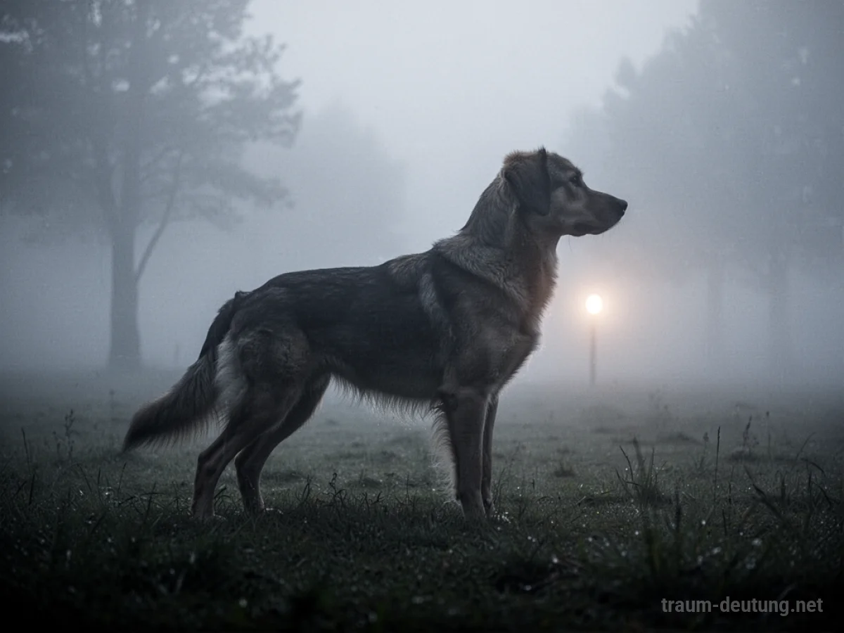Hundesilhouette löst sich im Nebel auf, Licht am Horizont.