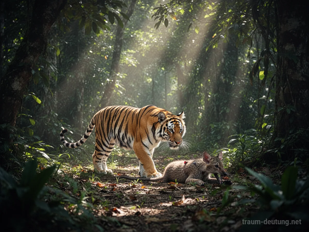 Ein Tiger schleicht sich im Dschungel an seine Beute heran.