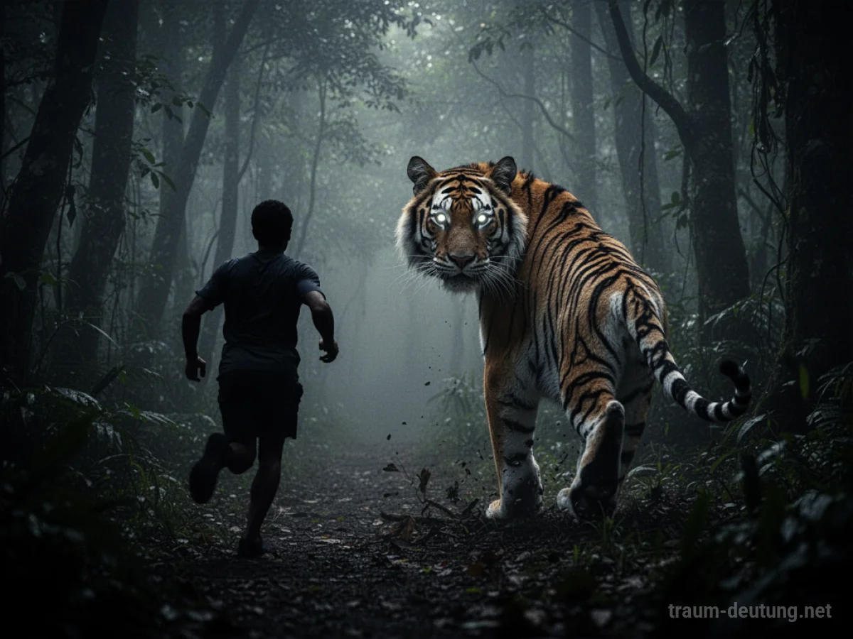 Silhouette einer Person flieht vor einem Tiger in einem dunklen Dschungel.