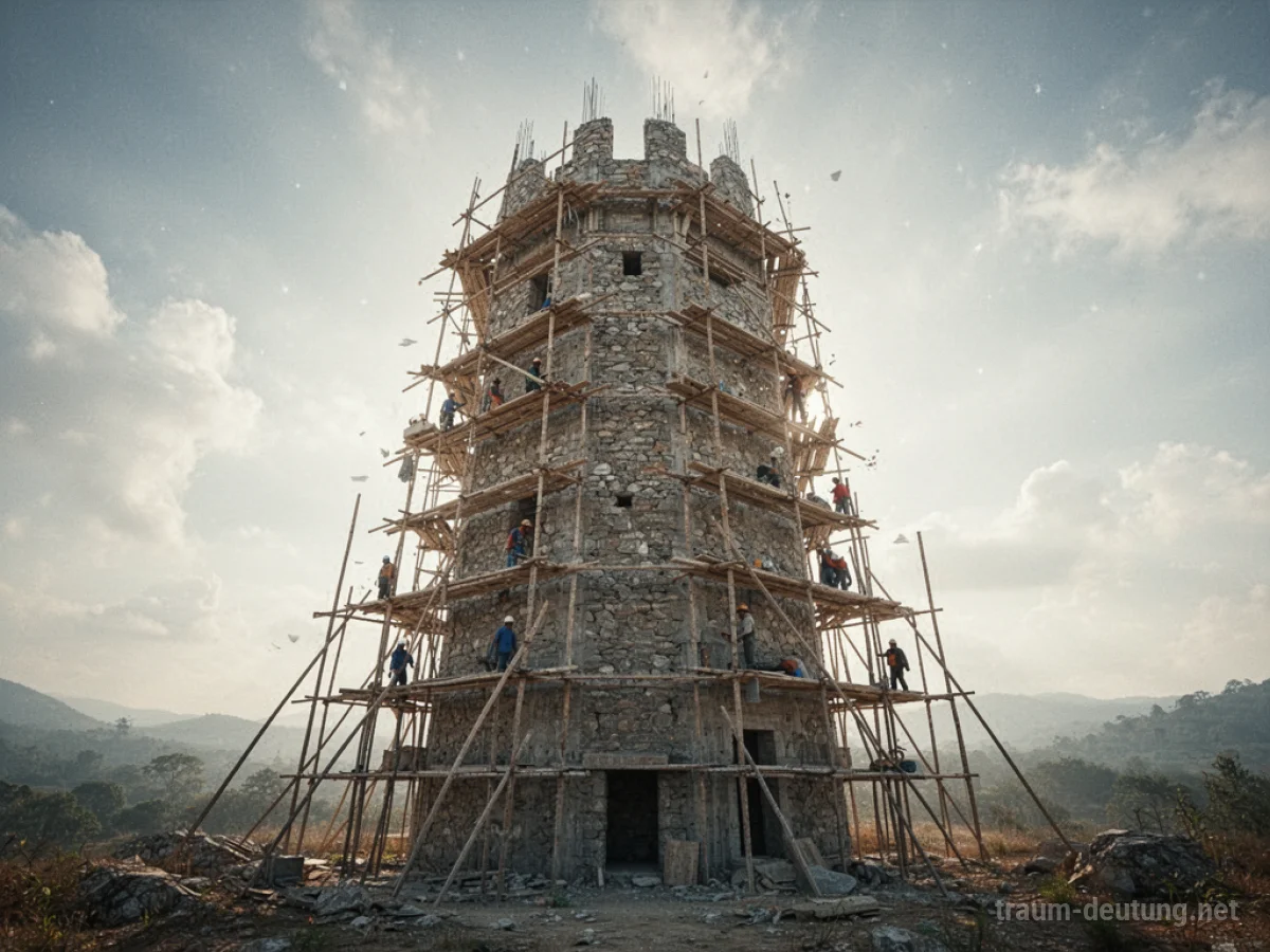 Ein unvollendeter Steinturm im Bau mit Gerüsten, der gegen einen blauen Himmel aufragt.