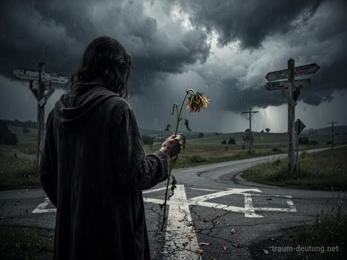 Schattenhafte Gestalt an Weggabelung im Sturm, die eine welkende Blume hält.