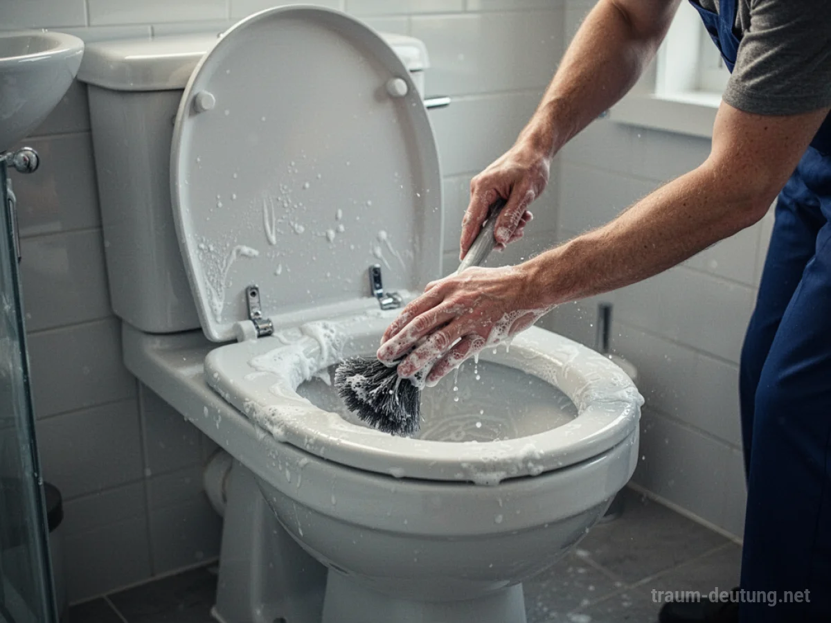 Hände putzen eine weiße Toilettenschüssel mit einer Bürste in einem sauberen Badezimmer.