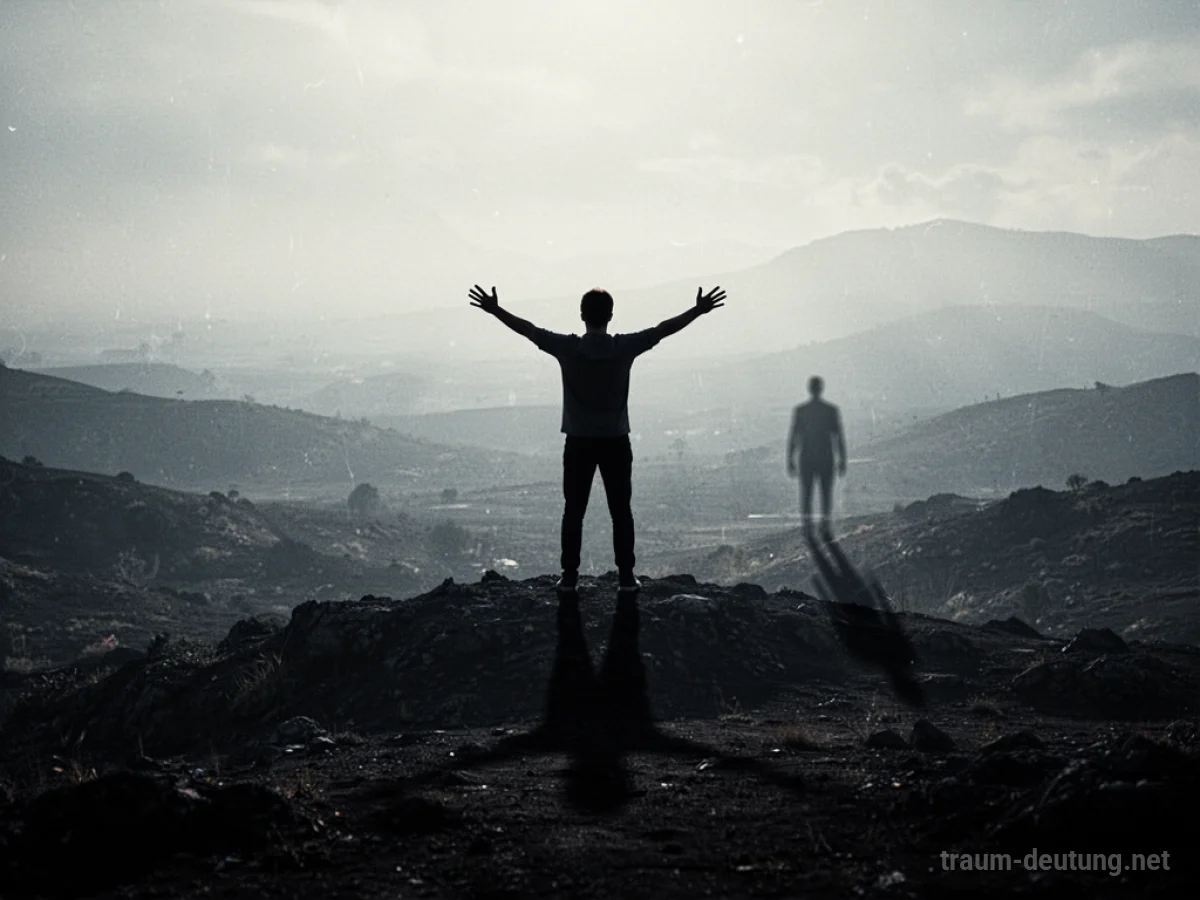 Silhouette einer Person, die triumphierend über einer dunklen Landschaft steht, während ein Schatten verblasst.