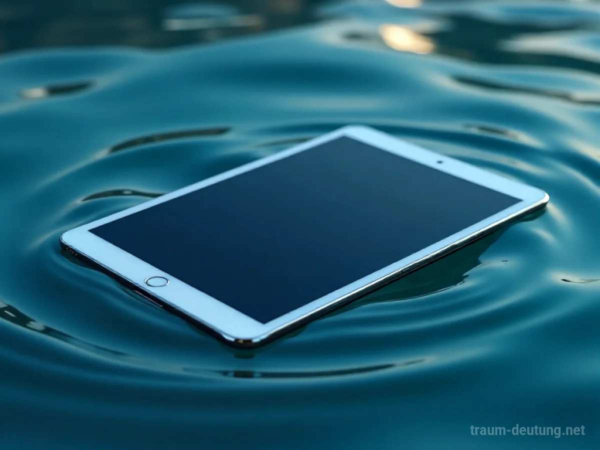 Ein nasses Tablet liegt in flachem Wasser.