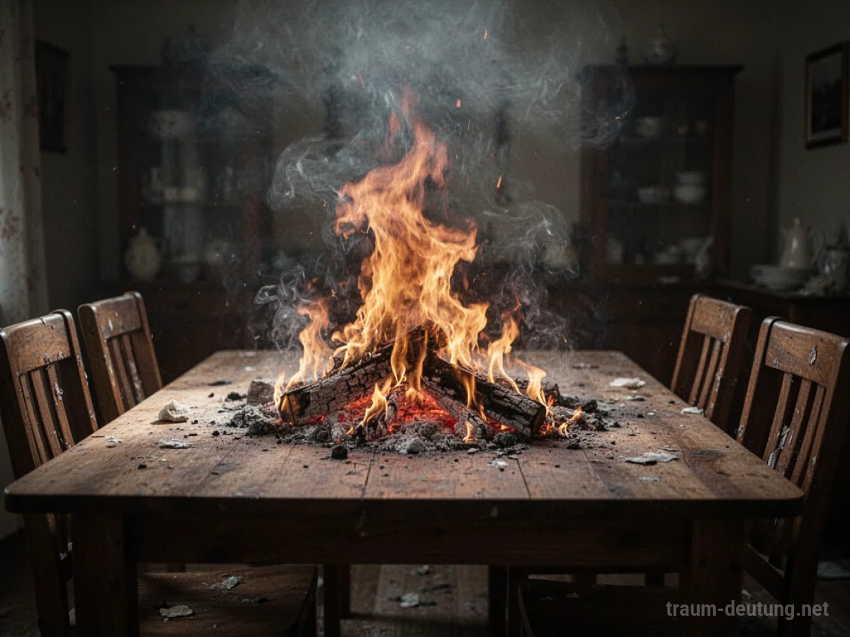 Ein brennender Holztisch im Dunkeln