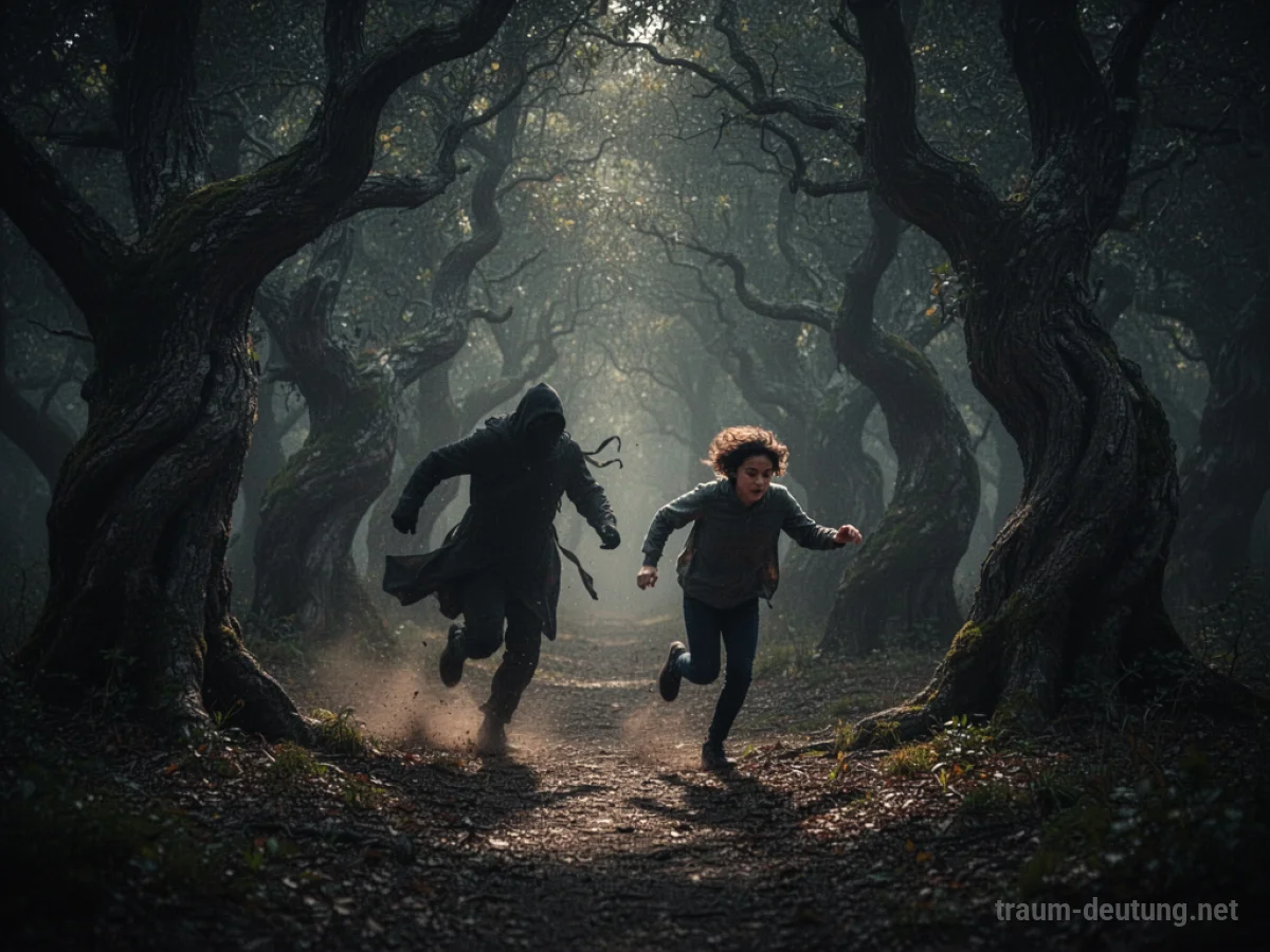 Silhouetten von zwei Personen, eine verfolgt die andere durch einen dunklen Wald.