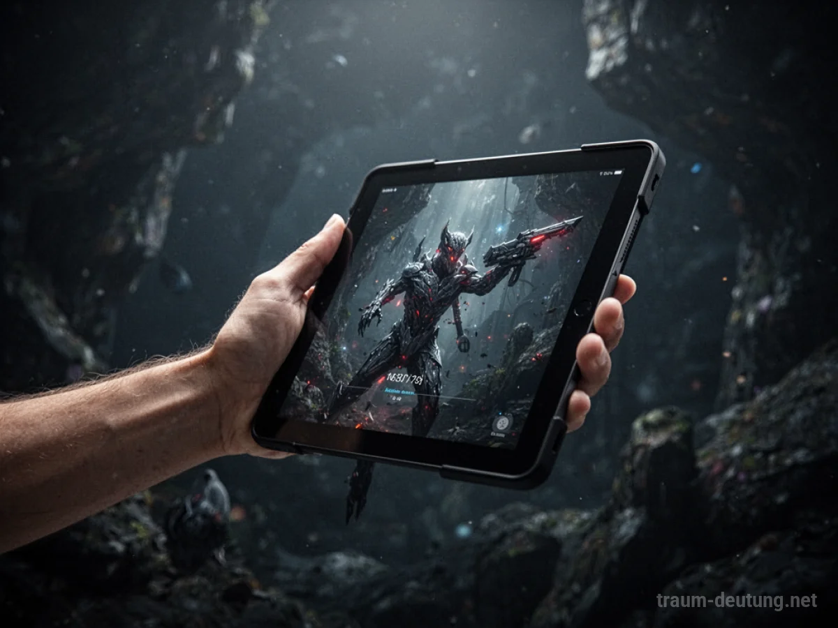 Hand hält Tablet wie eine Waffe zur Abwehr im Dunkeln