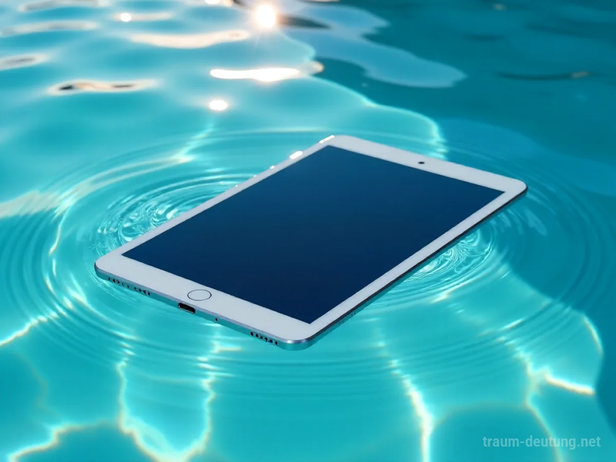 Ein Tablet sinkt langsam in klares Wasser, Wellen breiten sich aus.