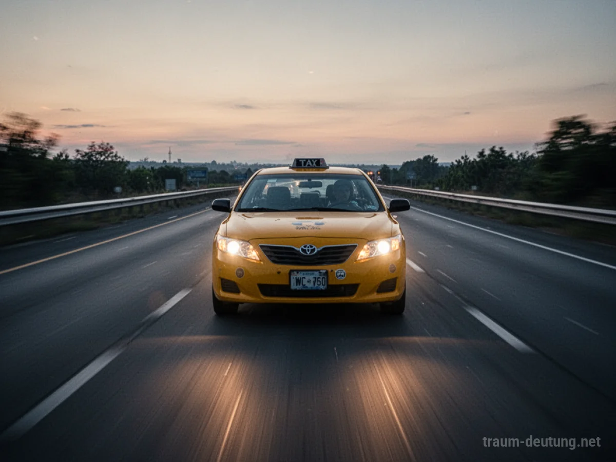 Ein gelbes Taxi fährt schnell auf einer leeren Autobahn im Dämmerlicht.