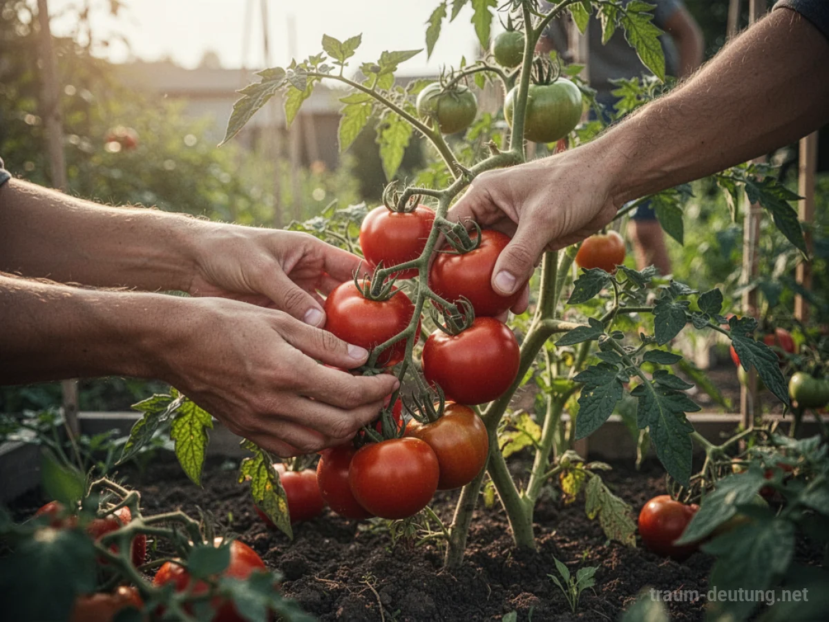 Hände pflücken reife rote Tomaten vom Strauch.