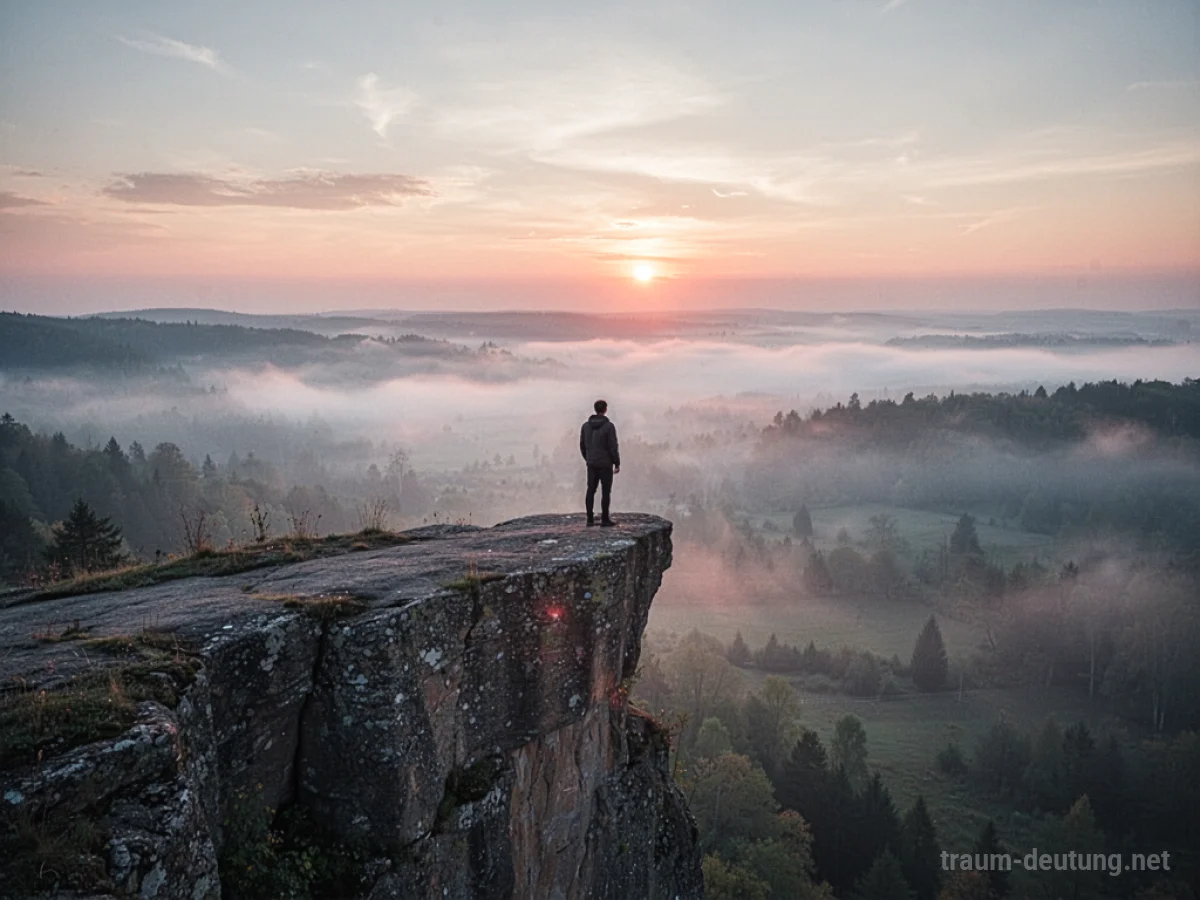 Silhouette einer Person am Kliffrand im Morgengrauen