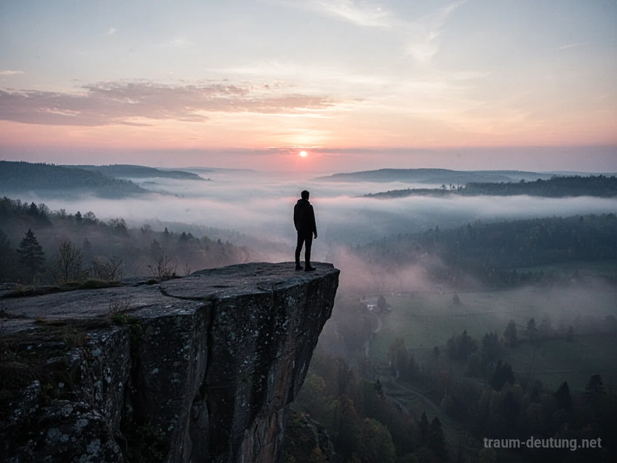 Silhouette einer Person am Rand einer Klippe mit Blick auf eine neblige Landschaft.