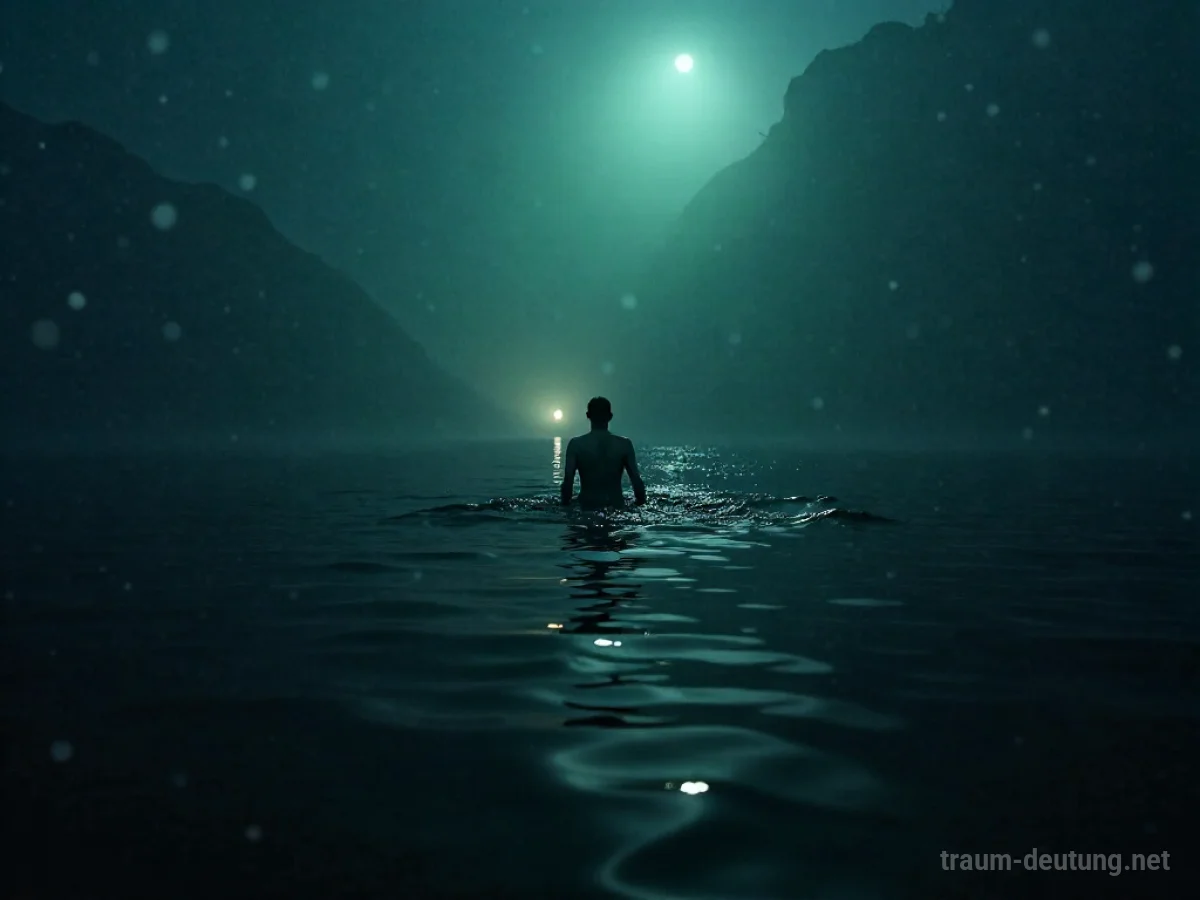 Eine Person taucht in trübes, dunkles Wasser, nur schwache Lichtpunkte sind erkennbar.