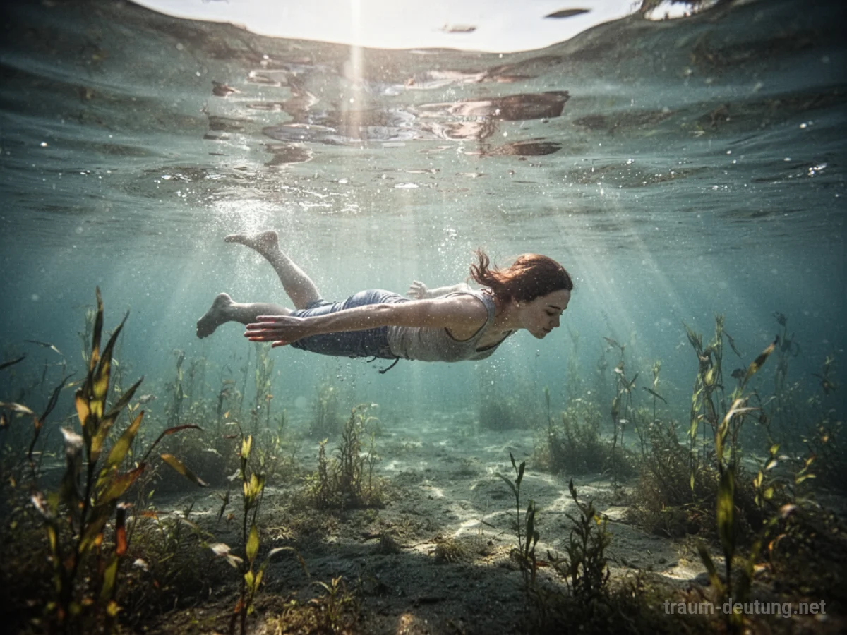 Person taucht in einem klaren See, Sonnenlicht dringt durch das Wasser.