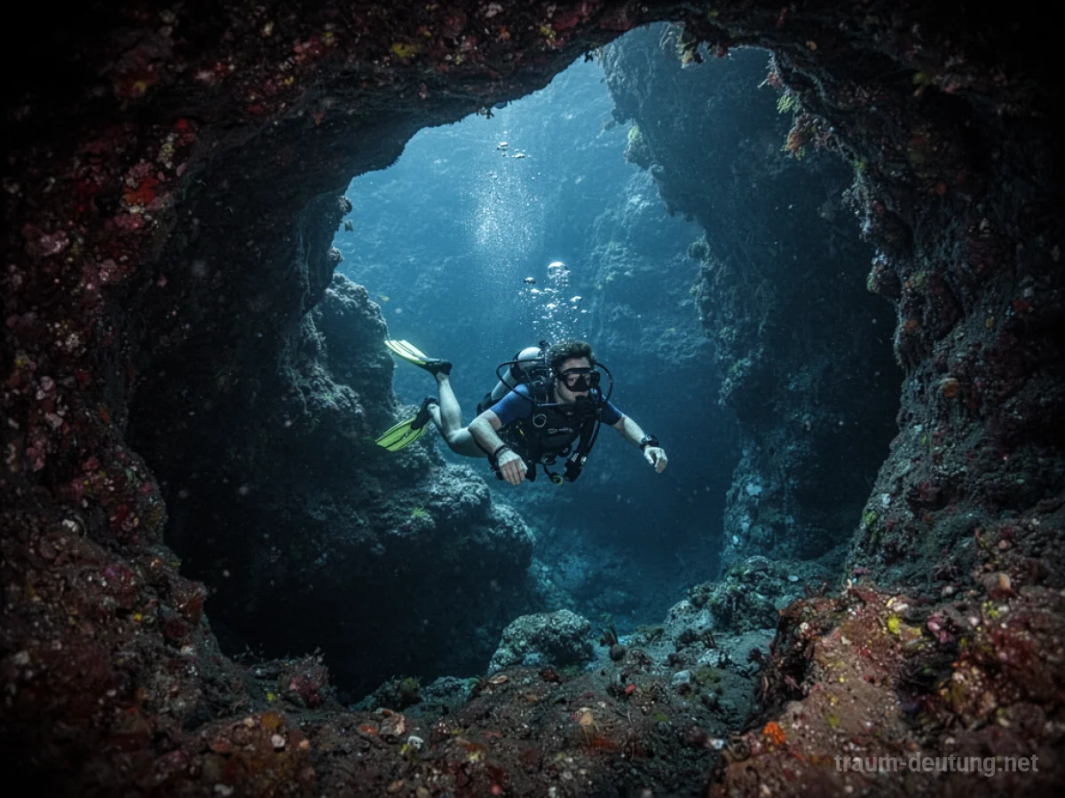 Taucher betritt dunkle Unterwasserhöhle