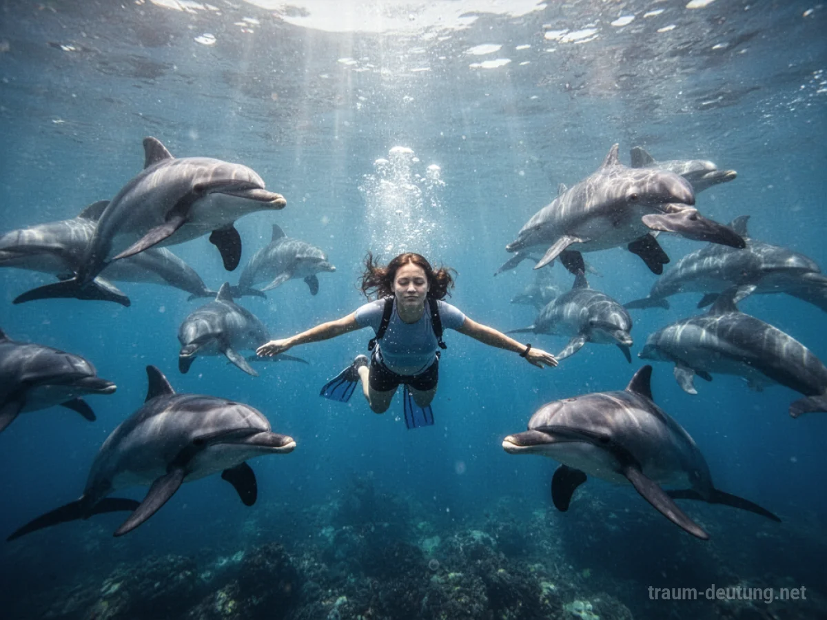 Eine Person taucht mit Delfinen in klarem, blauem Wasser.