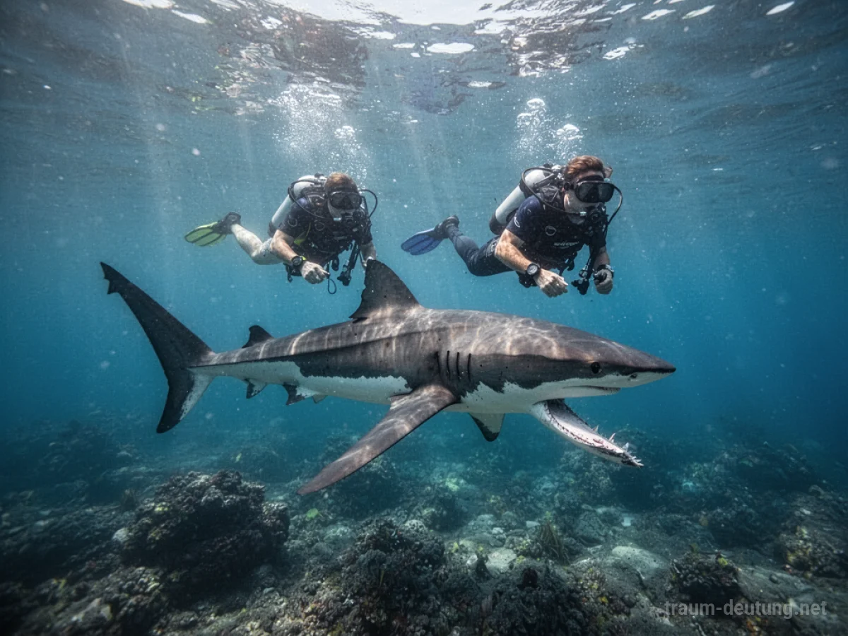 Ein Taucher schwimmt in der Nähe eines Hais im tiefblauen Wasser.