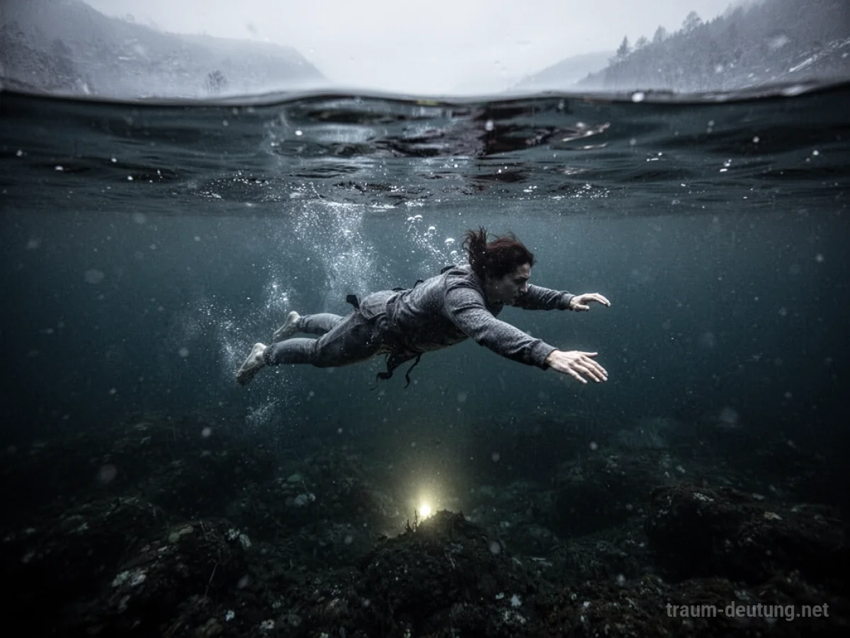 Person taucht in dunkles, kaltes Wasser ein, Tiefe ist unklar.