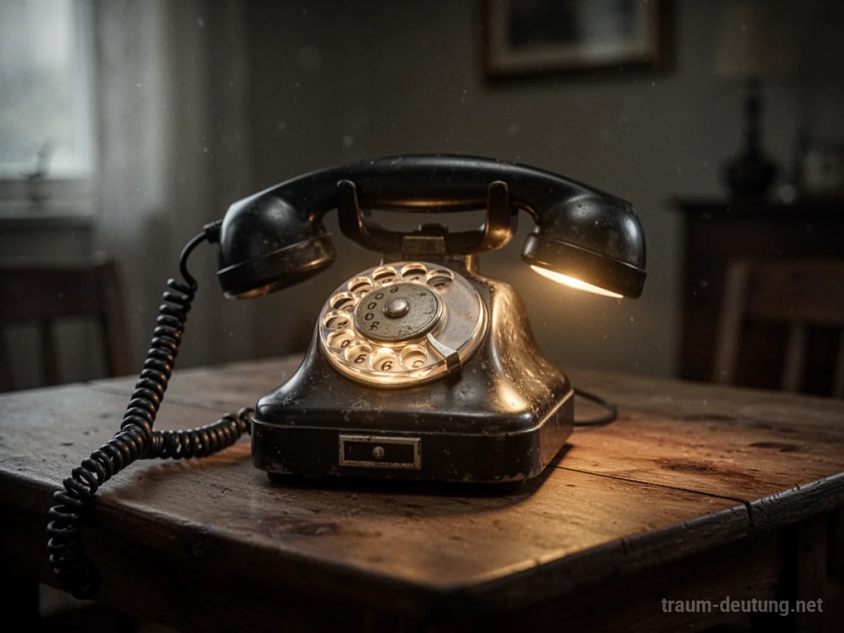 Ein altes Telefon klingelt auf einem Holztisch, dessen Hörer leuchtet.