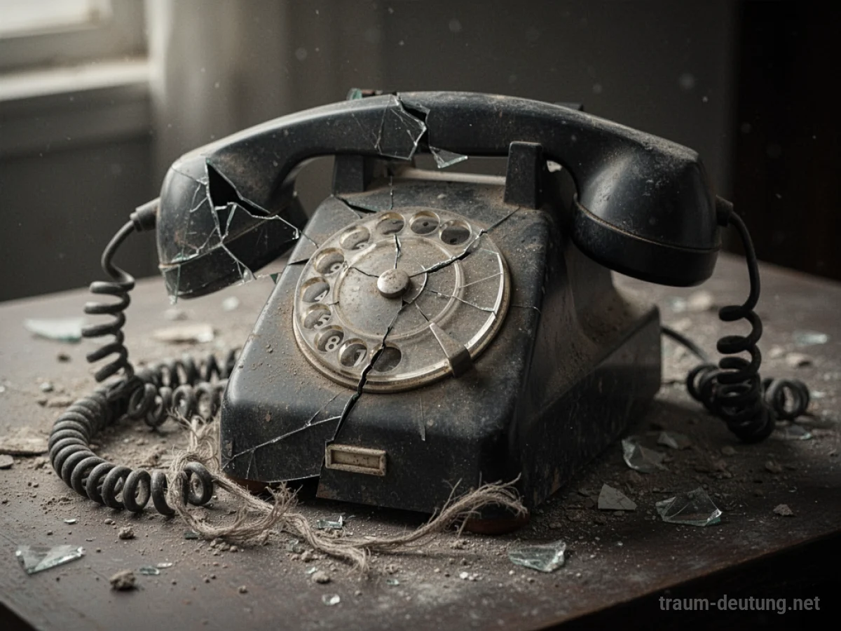 Ein zerbrochenes altes Telefon liegt auf einem staubigen Tisch.