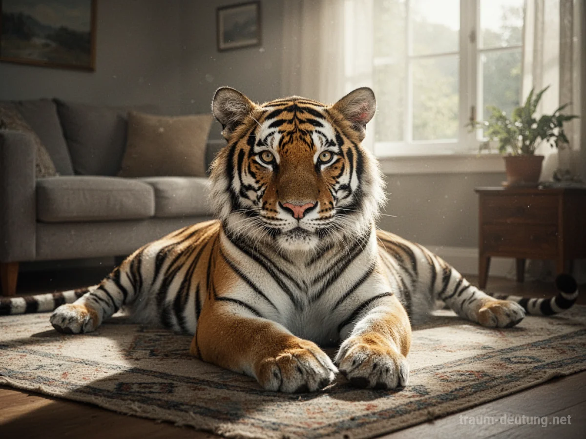 Gezähmter Tiger liegt ruhig auf einem Teppich im Wohnzimmer.