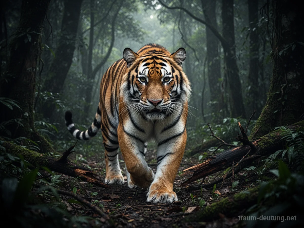 Tiger in bedrohlicher Umgebung, wirkt nervös und in Gefahr.