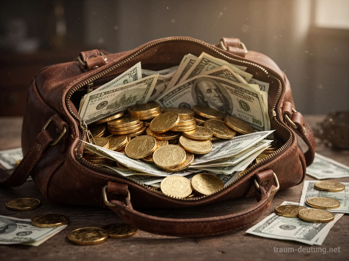 Eine offene Ledertasche, die überquillt mit Goldmünzen und Geldscheinen.