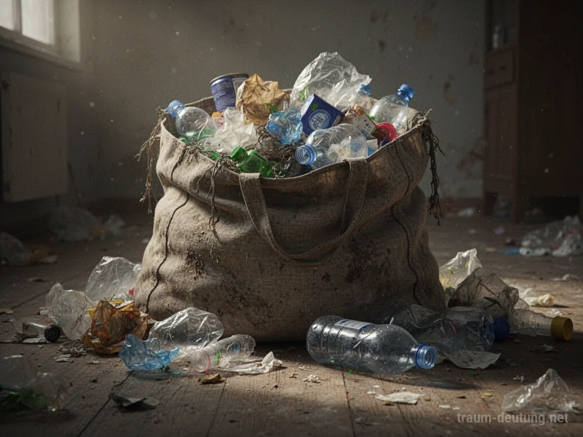 Eine überquellende Tasche voller Müll auf einem dunklen Boden.