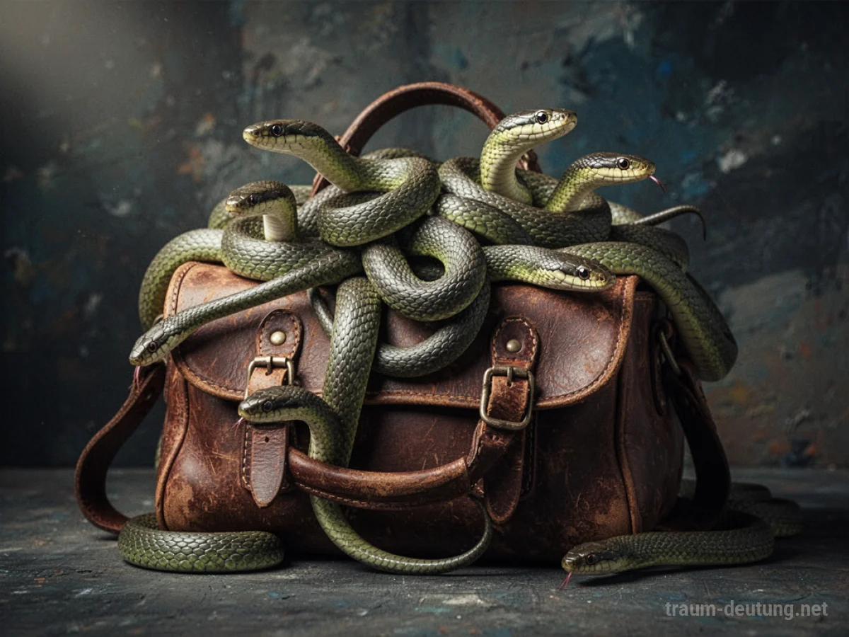 Eine alte Ledertasche, aus der viele Schlangen hervorragen.