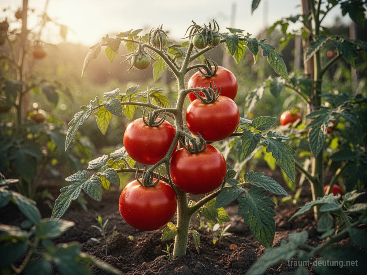 Gesunde Tomatenpflanze mit reifen roten Tomaten im Sonnenlicht