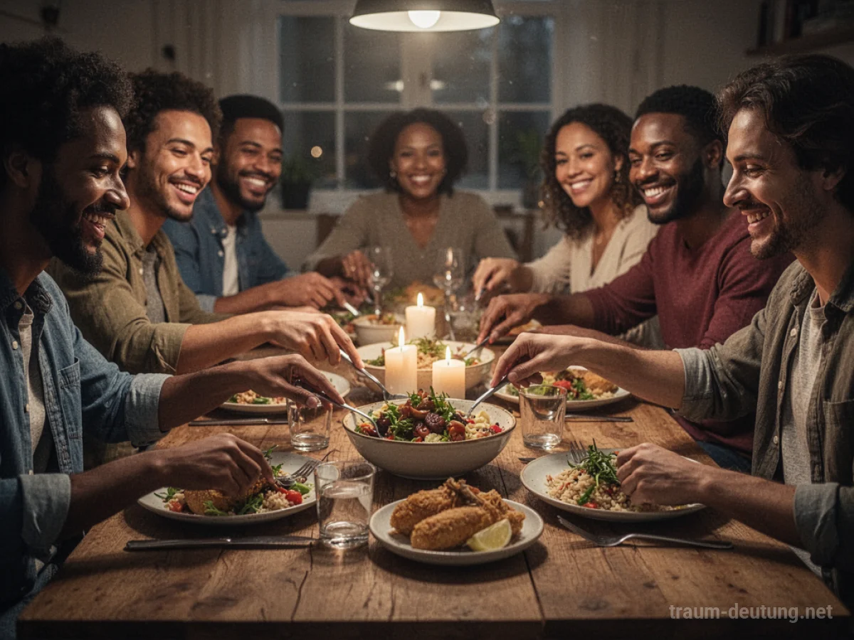 Menschen, die gemeinsam an einem beleuchteten Tisch essen und lächeln.