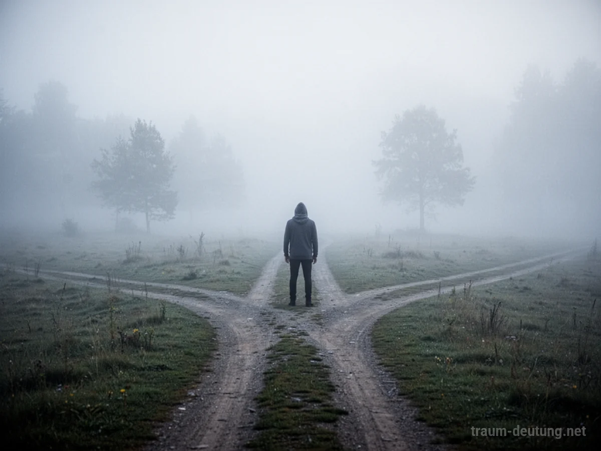 Eine Person steht an einer Weggabelung in nebliger Landschaft, was das Treffen an einem unbekannten Ort symbolisiert.
