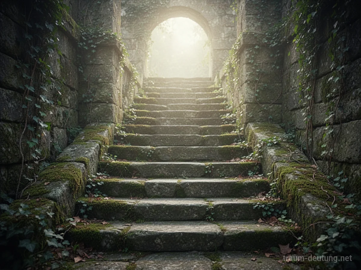 Eine alte Steintreppe führt nach oben ins Licht