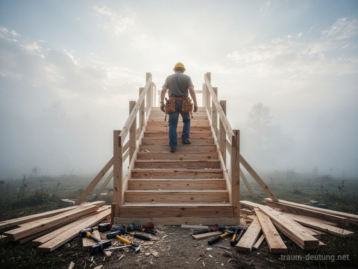 Eine Person baut eine Holztreppe, die nach oben führt.