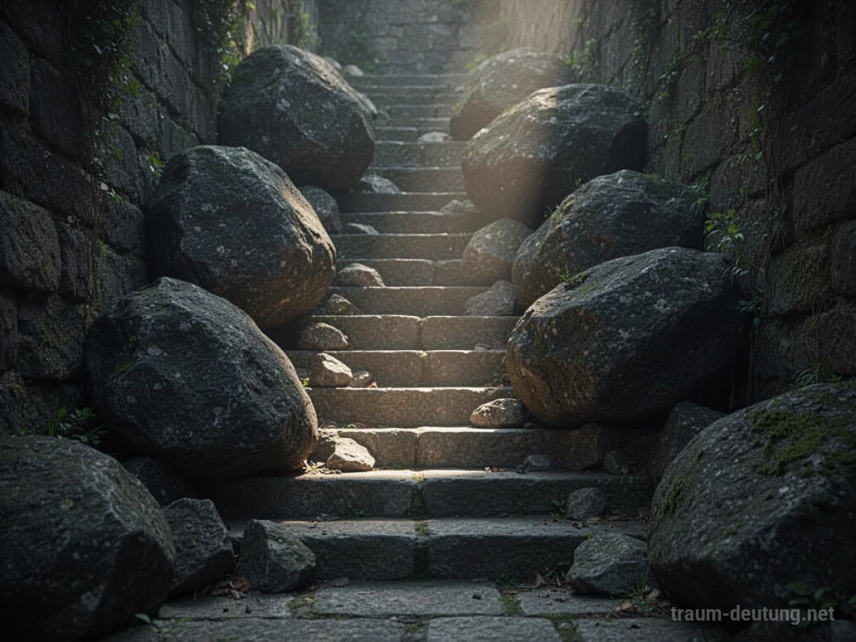 Blockierte Treppe im Traum mit großen Steinen, die den Weg versperren.