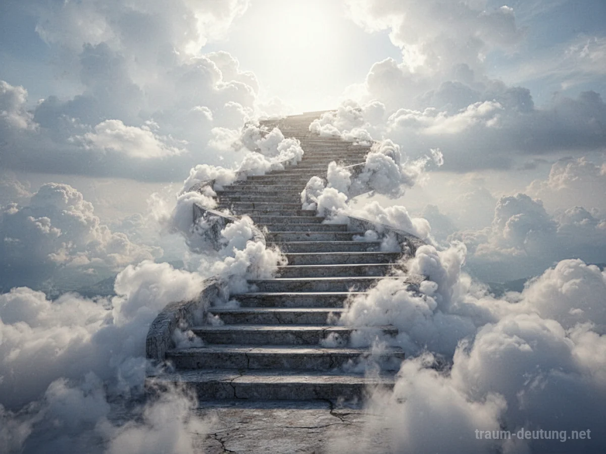 Eine Treppe aus Wolken führt himmelwärts in strahlendes Licht.