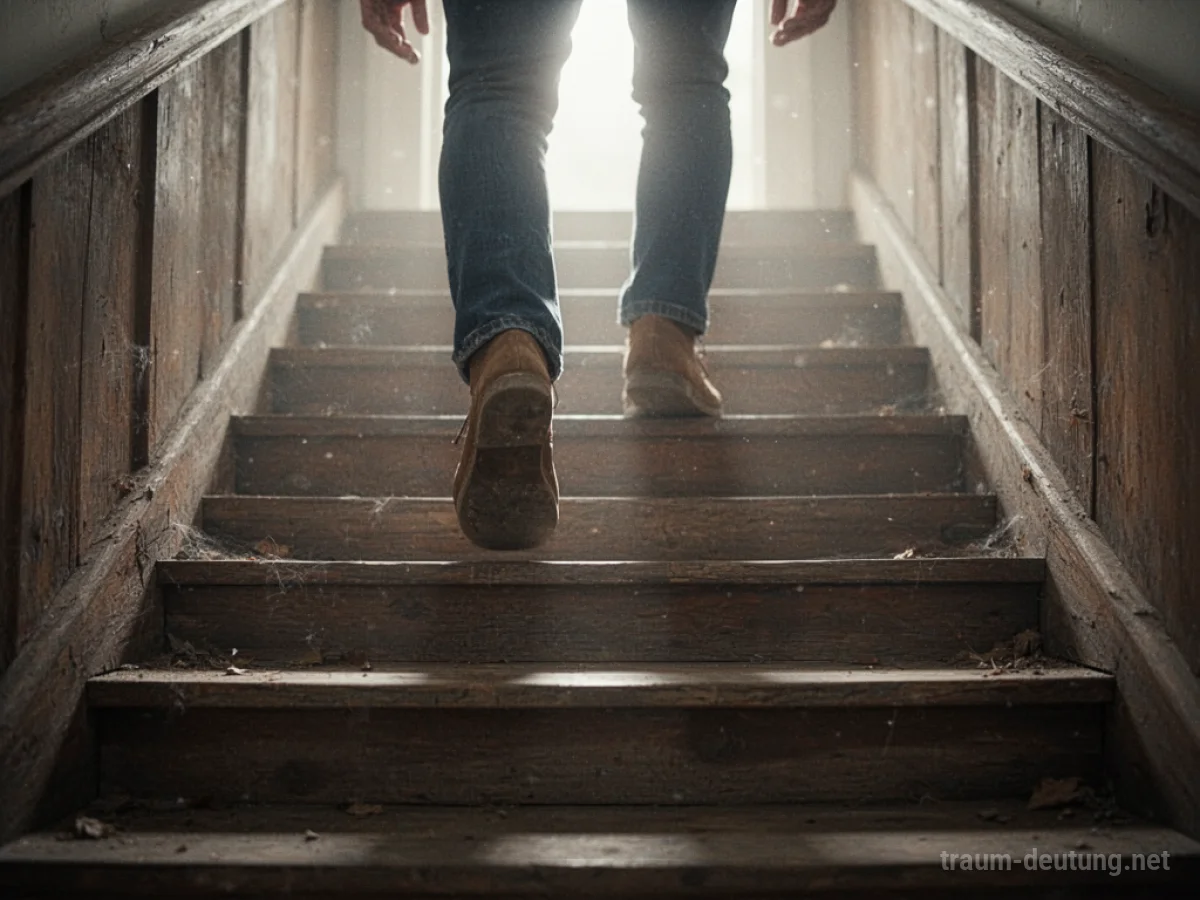 Füße steigen eine Holztreppe empor in Richtung helles Licht.