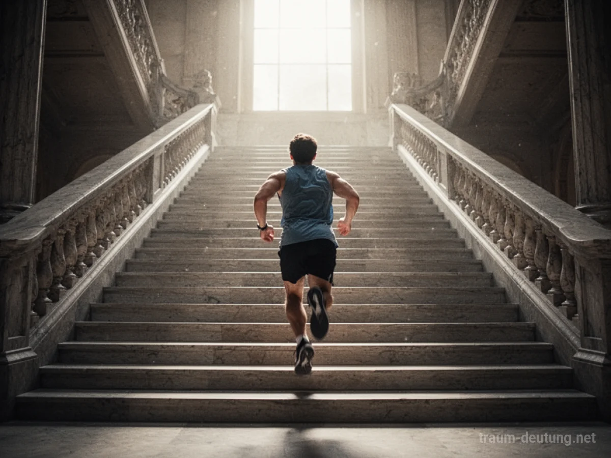Eine Person rennt eine lange Treppe hinauf in Richtung helles Licht.