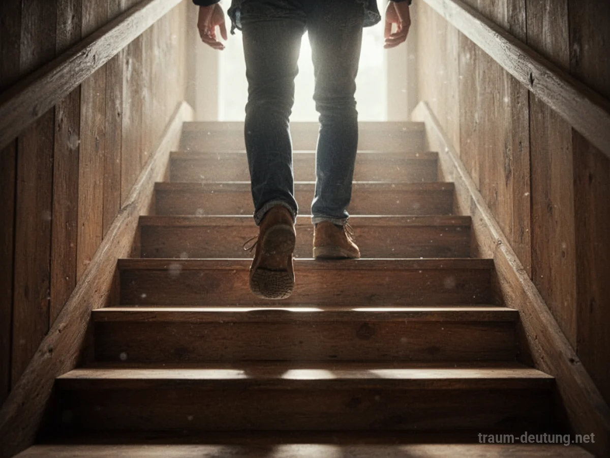 Beine steigen eine Holztreppe hoch in helles Licht