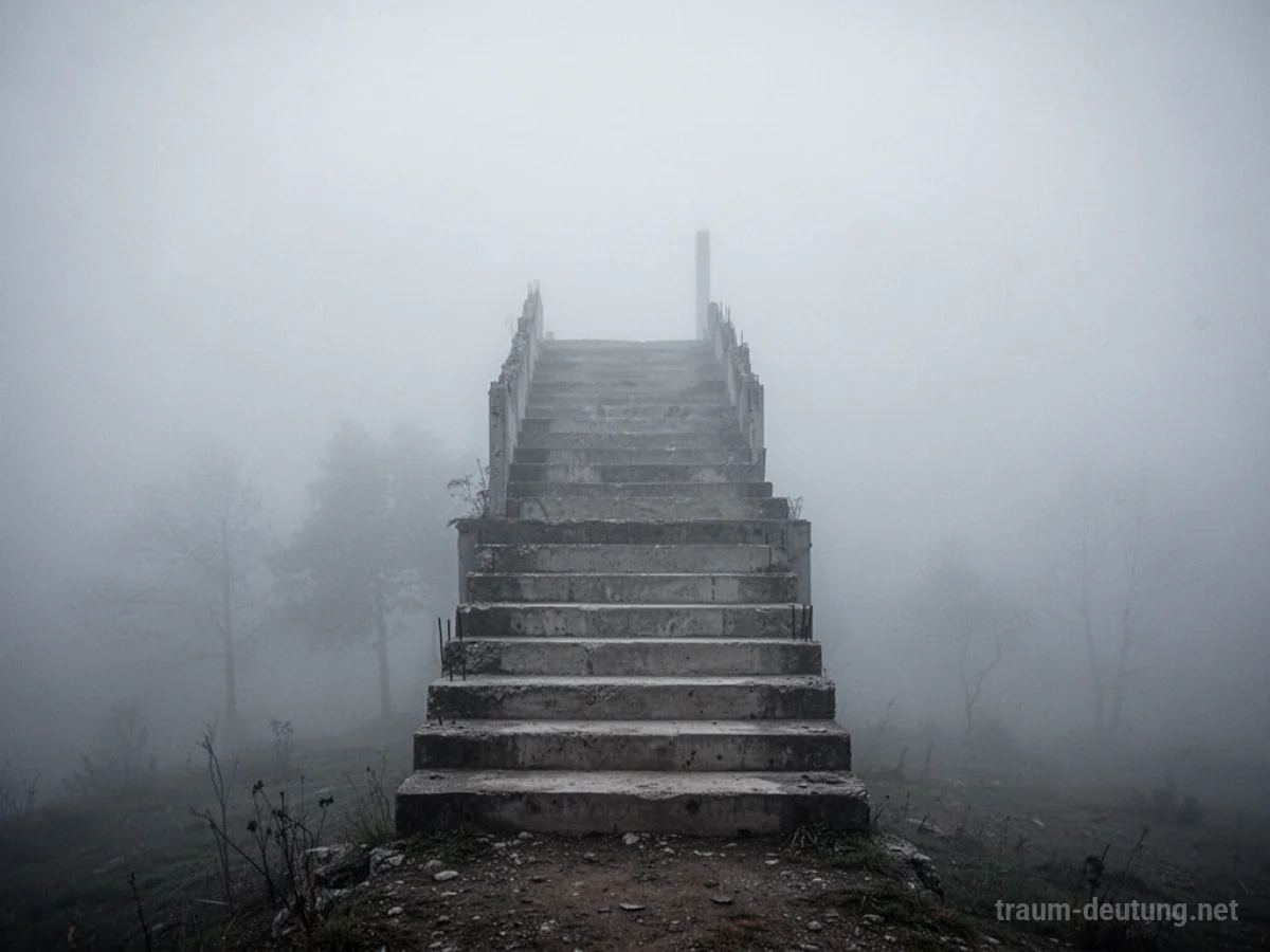 Eine Treppe, die in dichtem Nebel endet, ohne sichtbares Ziel.