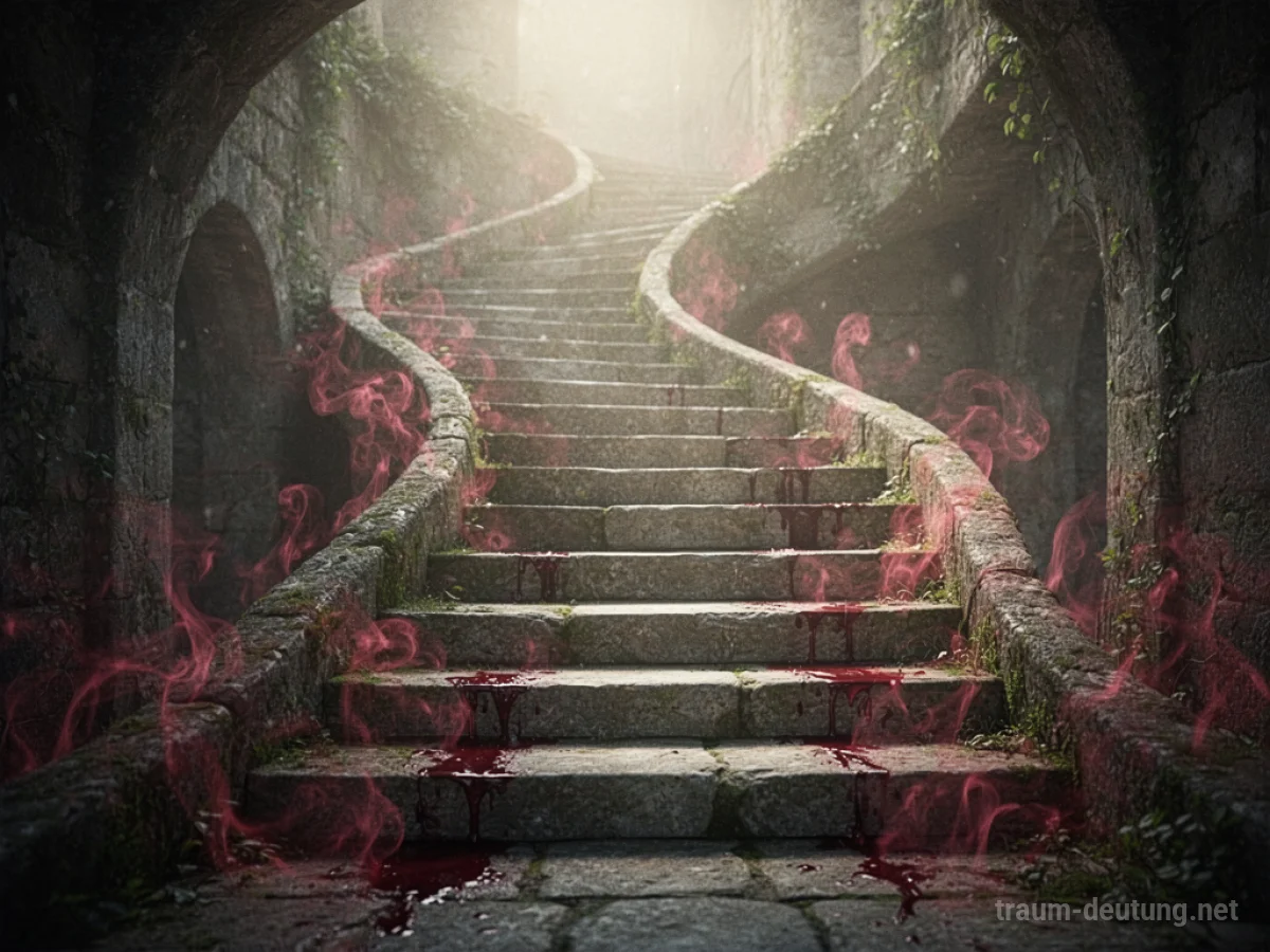 Eine steile Treppe, die in helles Licht führt, mit angedeuteten roten Symbolen.