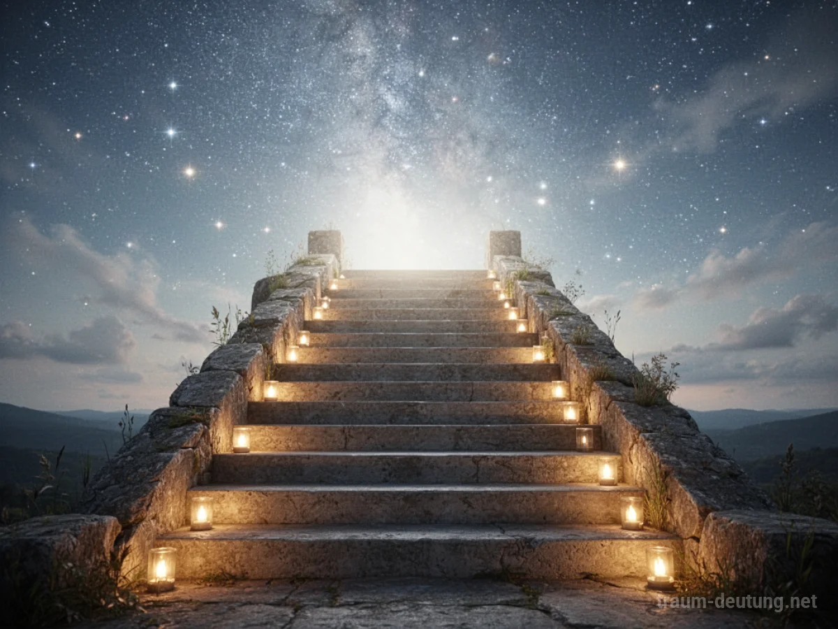 Eine leuchtende Treppe steigt in den Nachthimmel auf, jeder Schritt ist von sanften Lichtern erhellt.