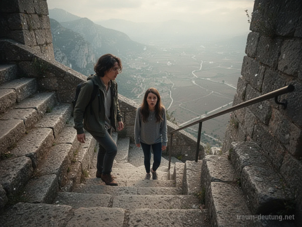Eine Person steigt eine steile Treppe ohne Geländer empor, der Blick ist unsicher.