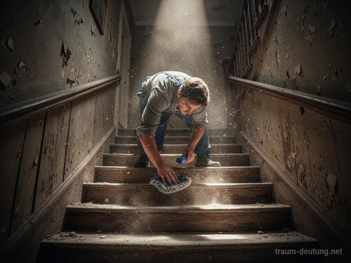 Eine Person putzt eine Treppe in einem dunklen Haus.