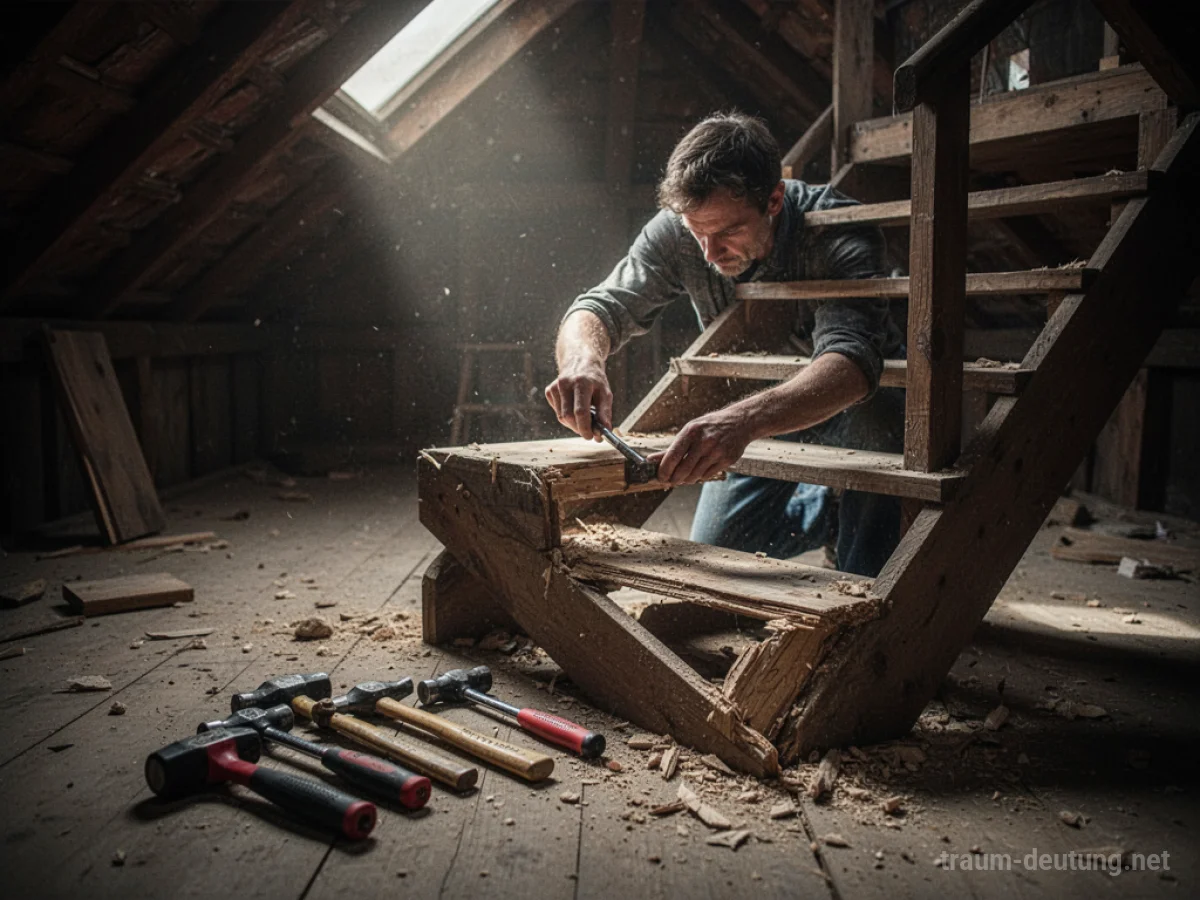 Hände reparieren eine Holztreppe im Dachboden
